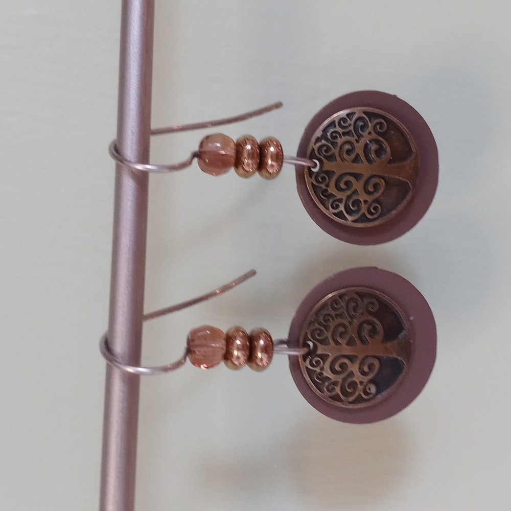 Women's brown coin drop tree wire hook earrings